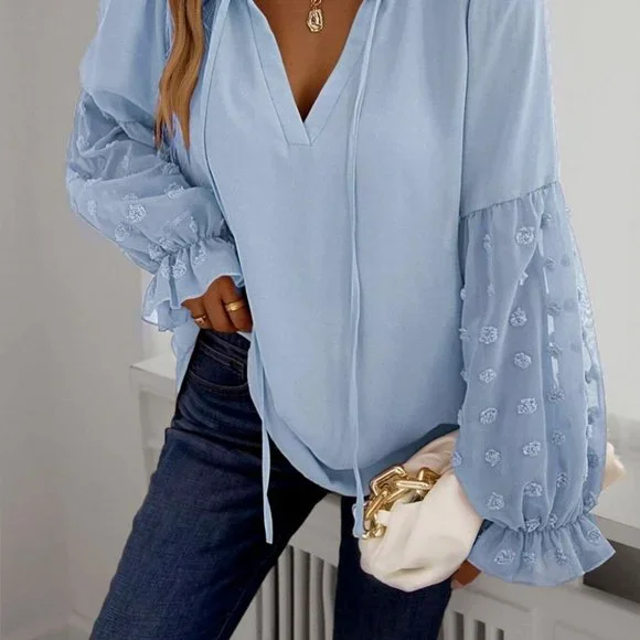 Baby Blue Casual Womens Swiss Dot Frill Trim Blouse - Picture 5 of 5